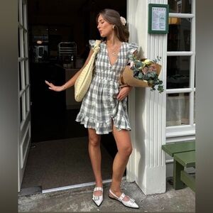 Anthropologie Peregrine mini dress flutter sleeve - Gray Checkered Dress - L
